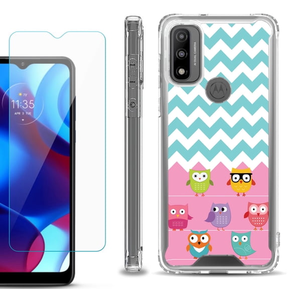 Shockproof Bumper Phone Case for Motorola Moto G Pure, with Tempered Glass Screen Protector, by OneToughShield ® - Chevron/Teal/Owl