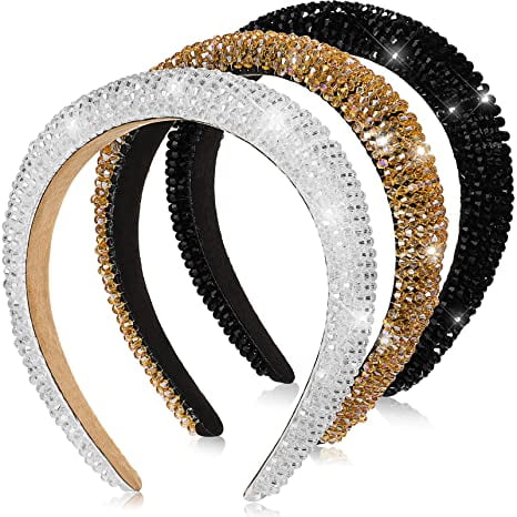 3 Piezas Diademas Acolchadas con Cuentas de Diamantes de Imitación Diadema de Cristal Barroco Aro para el Cabello Joya Tocado Ancho para Mujeres Niñas Accesorios para el Cabello, Negro, Blanco, Dorado JM JM