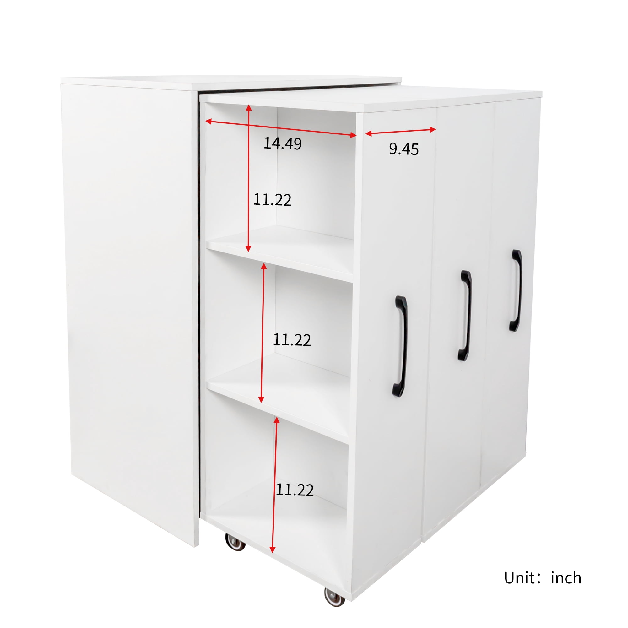 Bookcase 3-Tier Pull-Out Door Storage Cabinet with Wheels for Office Bedroom, White