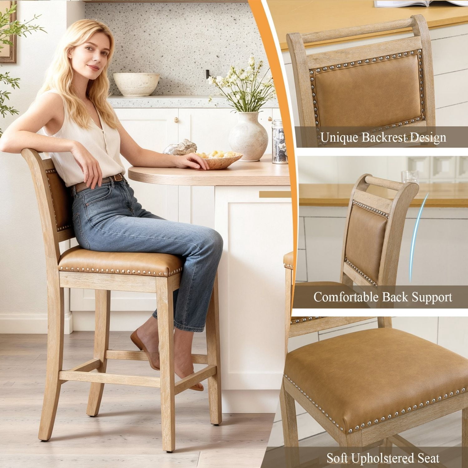 Dayalane 26" Farmhouse Counter Height Bar Stools Set of 2, Rustic French Wooden Barstools with Faux Leather Upholstered , Top Rail Nailhead Breakfast Bar Stool for Bar Kitchen Island Bistro, Brown
