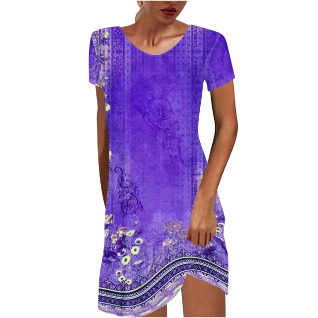 QIPOPIQ Robes de Fête pour Femmes Manches Courtes Tendance Col Rond Imprimé Chandail Robe d'Été Robe Offres 2023