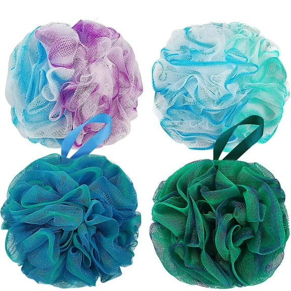 NOGIS Bath Shower Loofah Sponge 75g Bath Mesh Pouf Shower Ball Body Scrubber Exfoliating Bath Sponge for Women and Men, Set of 4, Flower Color