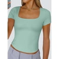 thumbnail image 5 of Gynyvoja Women'S Short Sleeve Tshirts Square Neck Cute Crop Tops Spring Summer Basic Tees Workout Going Out Bean Green XL, 5 of 9