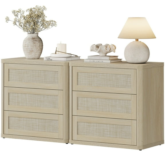 SICOTAS 26.77"W Boho 3-Drawer Nightstand Set of 2, Curved Rattan Nightstand Dresser with Pop-up Drawers & Slide Rails, Farmhouse Bedside Table, End Side Table for Bedroom, Living Room, Light Oak