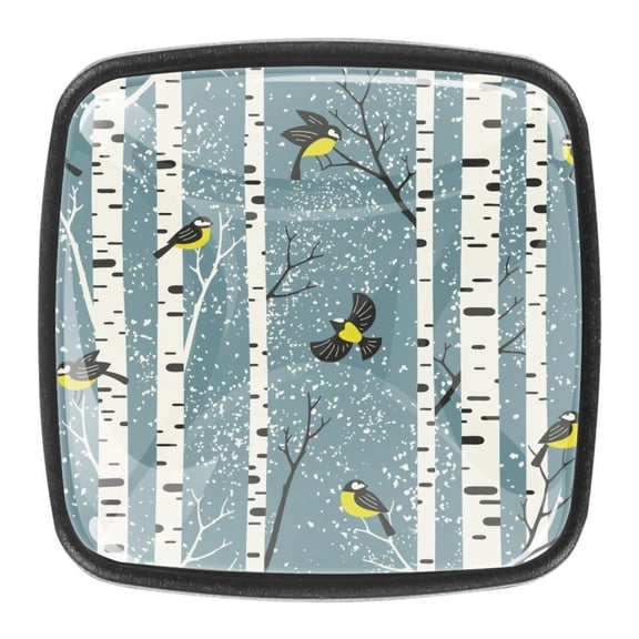 4 Pcs Square Cabinet Handle Cupboard Knob Drawer Pulls Handle Birch Branches Birds Drawer Knobs with Screws Furniture Decoration