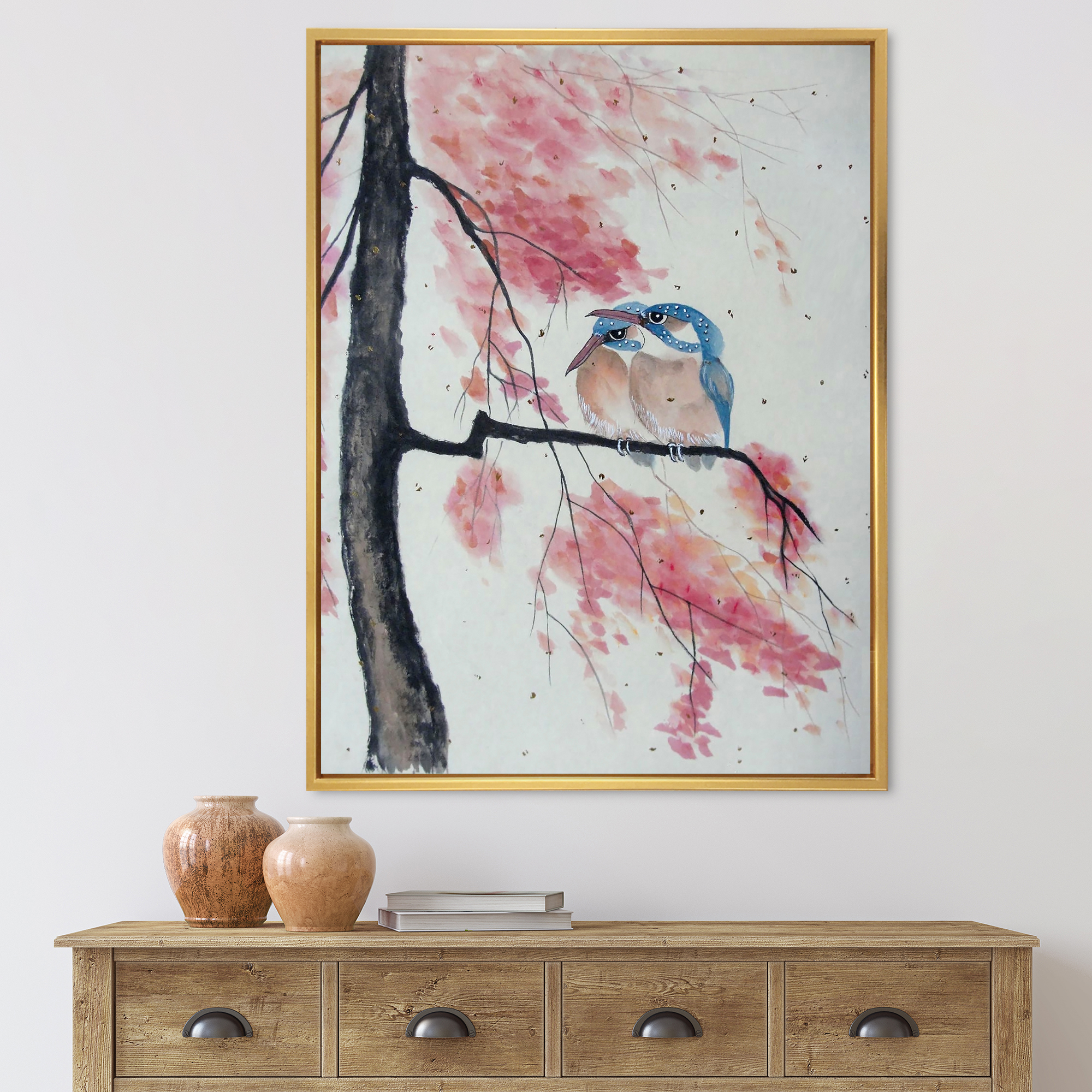 Designart 'Two Blue Kingfisher Birds Sitting On A Flowering Branch' Traditional Framed Canvas Wall Art Print