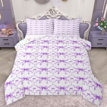 Feelyou Dreamy Ribbon Kids Queen Comforter Set, Cartoon Princess Bowknot Bedding Sets, Purple Bow Theme Reversible Bedding Comforter Set, Microfiber Bedroom Decor, 3pcs