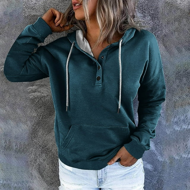 ICHUANYI Clearance Women's Fashion Printed Pocket Long Sleeve Blouse Casual Tops Sweatershirt Button Hoodies(Navy, XL) ICHUANYI WER2023081204165