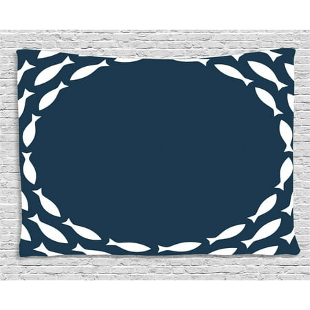 Navy Blue And White Decor Navy Blue Decor Tapestry, Ocean Navy Themed School of Cute Fish Swimming in a Circle Print, Wall Hanging for Bedroom Living Room Dorm Decor, 60W X 40L Inches, Navy Blue and White, by Ambesonne ()