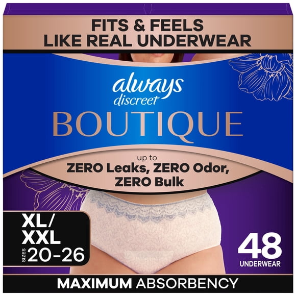 Always Discreet Boutique Rosy, Adult Diapers for Women, Maximum Incontinence Underwear XL/XXL, 48 CT
