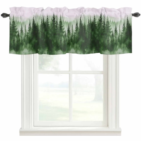 Watercolor Green Forest Window Valance Curtain Sky Trees Rod Pocket Short Curtain for Living Room, Bedroom & Kitchen Window Decor 54x18in