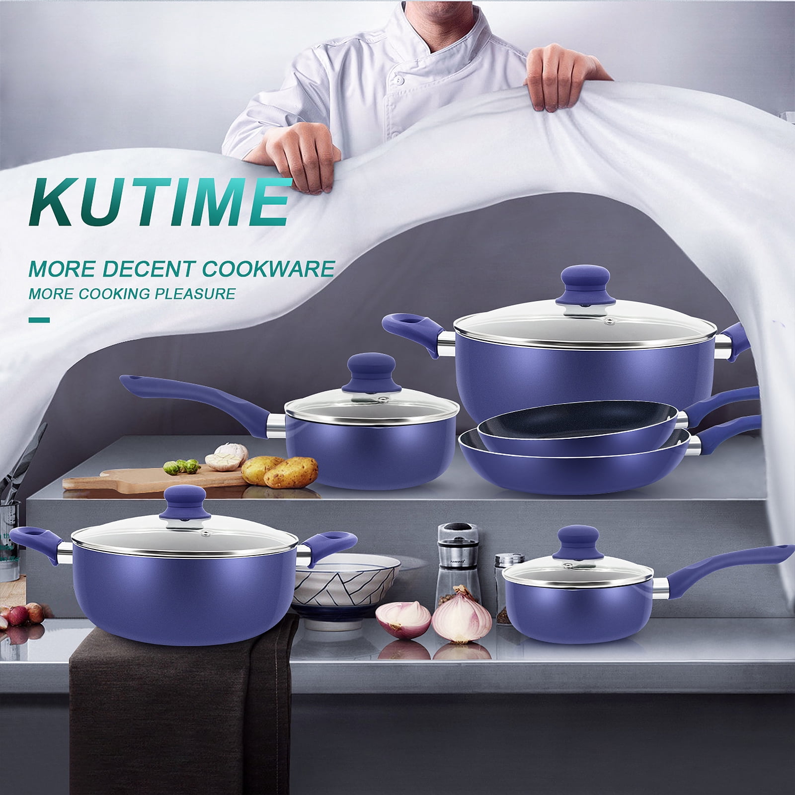 Scafild | 10-Piece Ceramic Nonstick Aluminum Cookware Set - Drill Blue