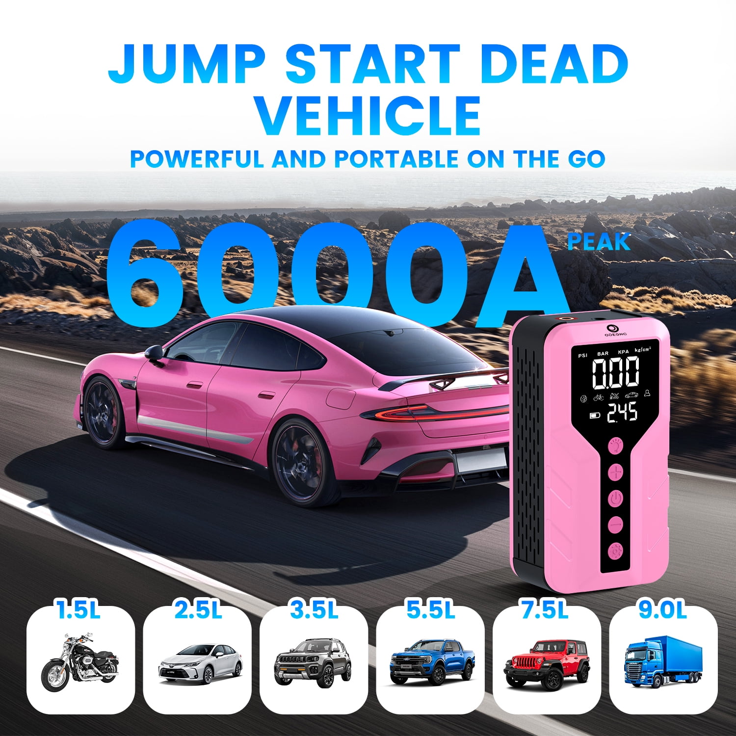 ODEGNC 6000A 25000mAh Jump Starter 150PSI Air Compressor Battery Booster Car Truck SUV LED Light USB Quick Charger