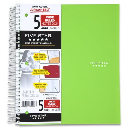 Five Star Wirebound Notebook, 5-Subject, 200-Count, Wide Rule, Teal (72039)