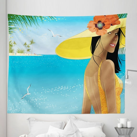 Beach Tapestry, Portrait of a Young Woman in Yellow Hat with Poppies on Tropical Sea Coast in Summer, Fabric Wall Hanging Decor for Bedroom Living Room Dorm, 5 Sizes, Multicolor, by Ambesonne