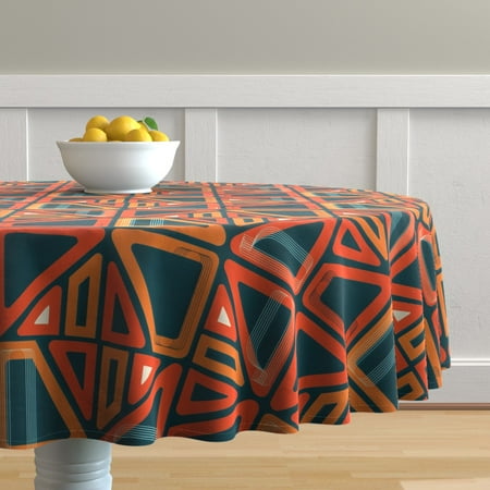 

Cotton Sateen Tablecloth 70 Round - Modern Triangles Orange Geometric Stained Glass Blue Green Print Custom Table Linens by Spoonflower