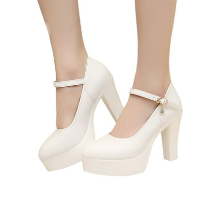 

Eloshman Womens High Heels Buckle Dress Shoe Ankle Strap Pumps Work Non-slip Chunky Pump Shoes Comfort Mary Jane White 10CM 4