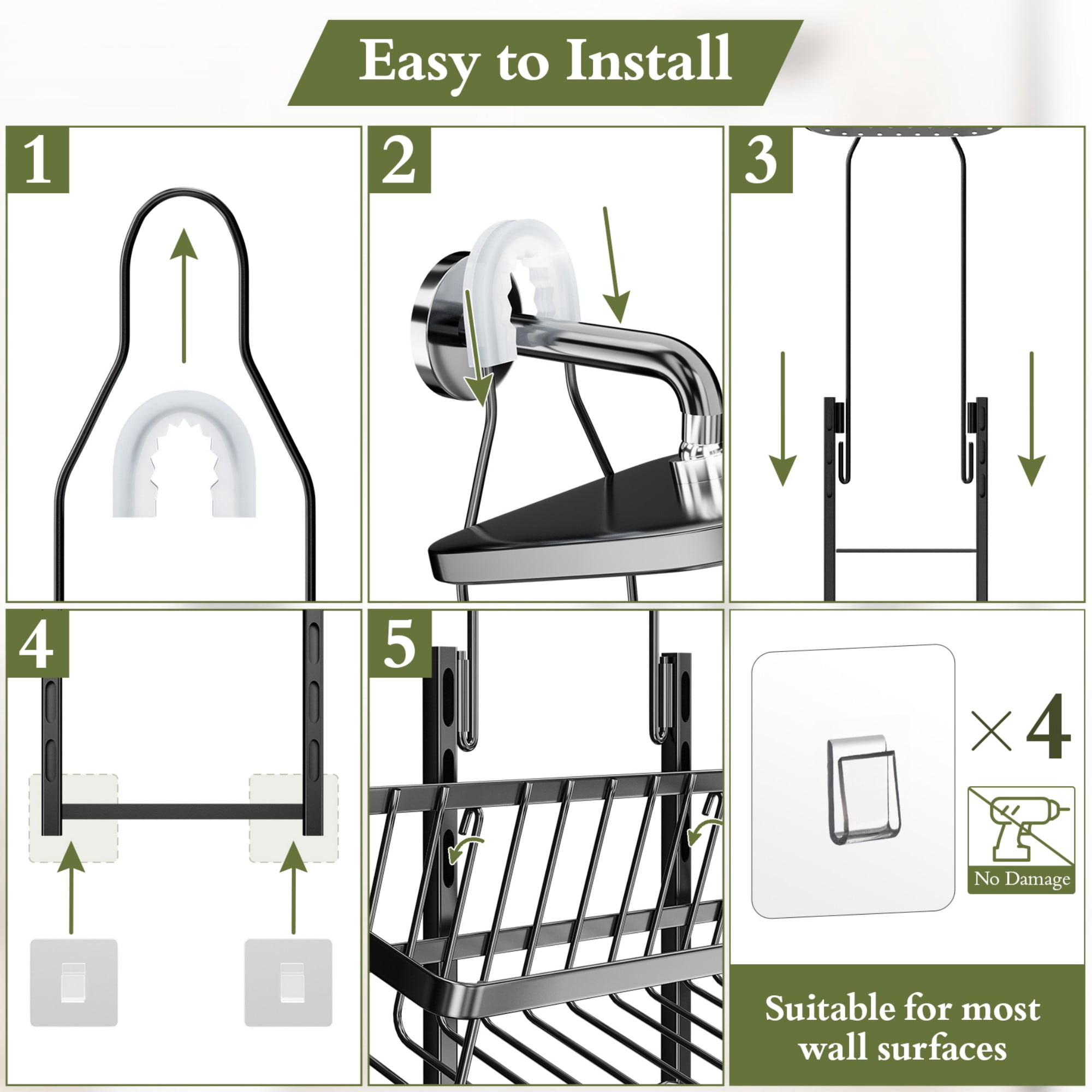 SHINGONE Shower Caddy Hanging: Adjustable Height Organizer for over Showerhead - Black Rustproof Shower Shelves with Hooks & 2 Soap Holders