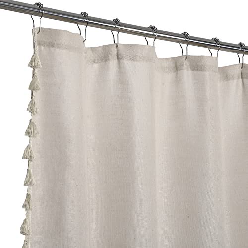 Modern Farmhouse Tassels Shower Curtain, Boho Rustic French Country Linen Blend Fabric Shower
