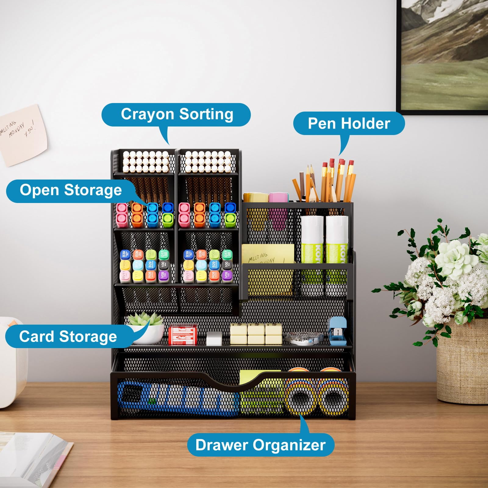 Marbrasse Mesh Pen Holder for Desk, Desk Organizer with Drawer, Multi-Functional Pencil Organizer, Accessories for Office Art Supplies (Black)