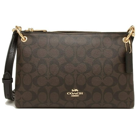 NWT Coach F76646 MIA Double Zip Signature & Leather Corssbody Bag Brown Black