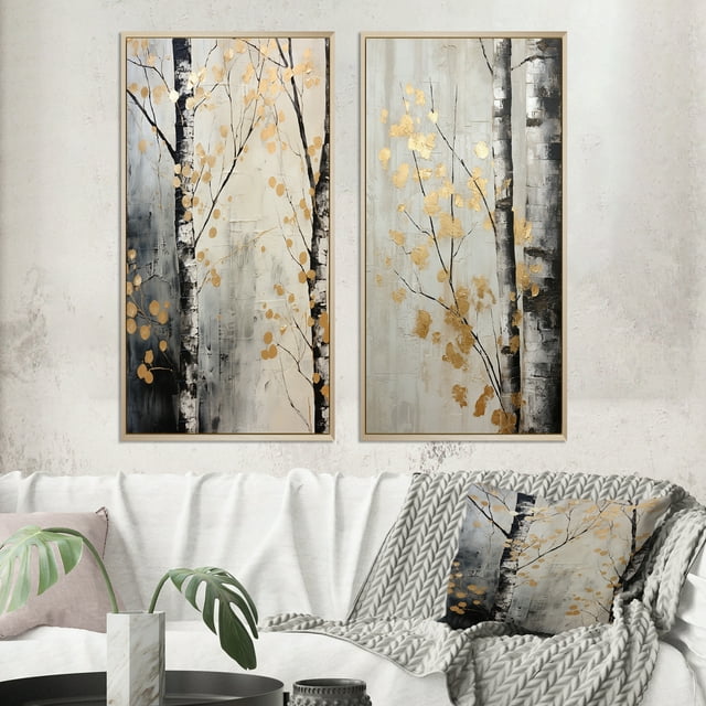 Designart "Monochrome Tree Of Gray And Gold" Tree Monochrome Framed Wall Art Set Of 2 - Gold Floral Framed Wall Art Set Of 2