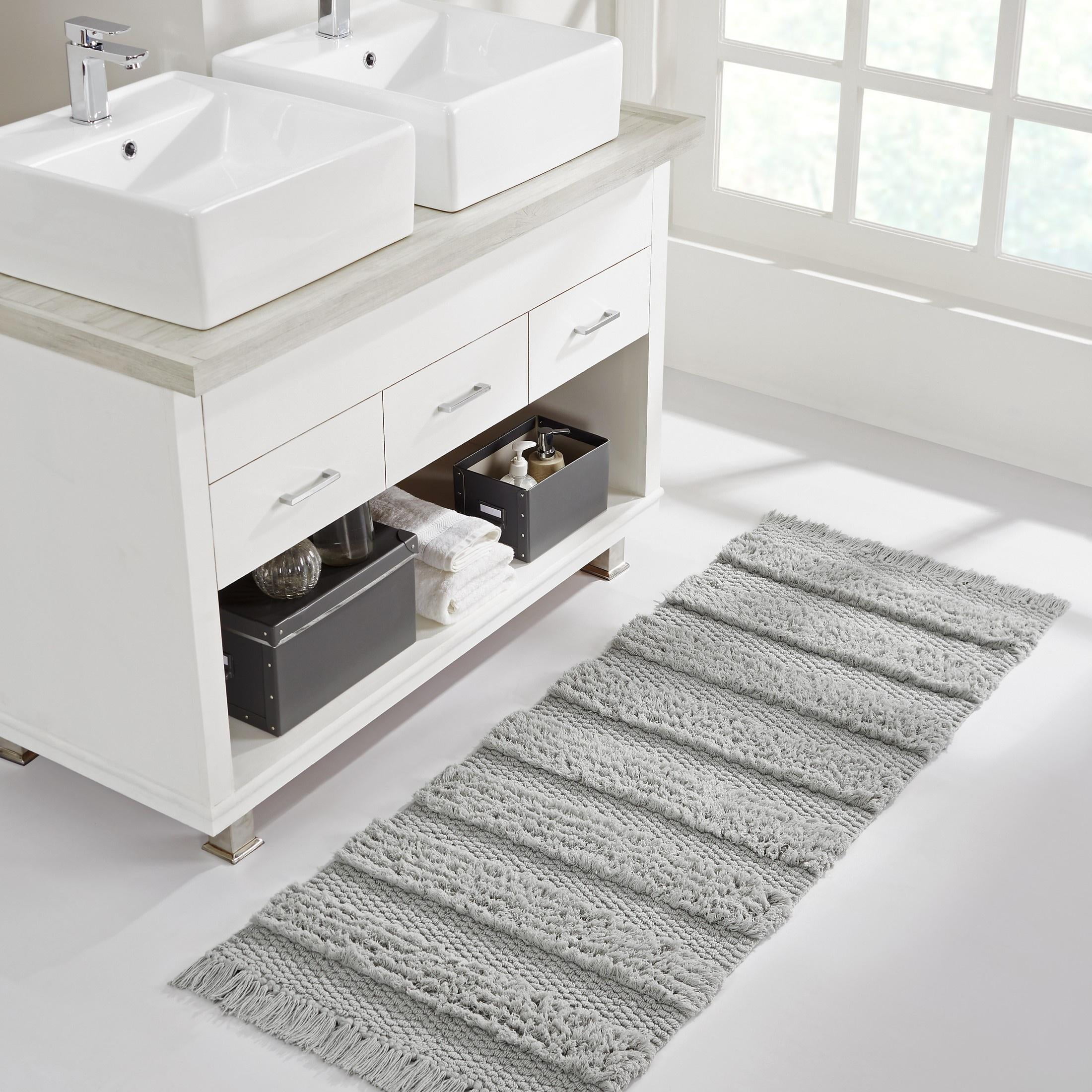 VCNY Home Savannah Fringe Grey Stripe Cotton Blend Bath Runner Rug, 24" x 60"