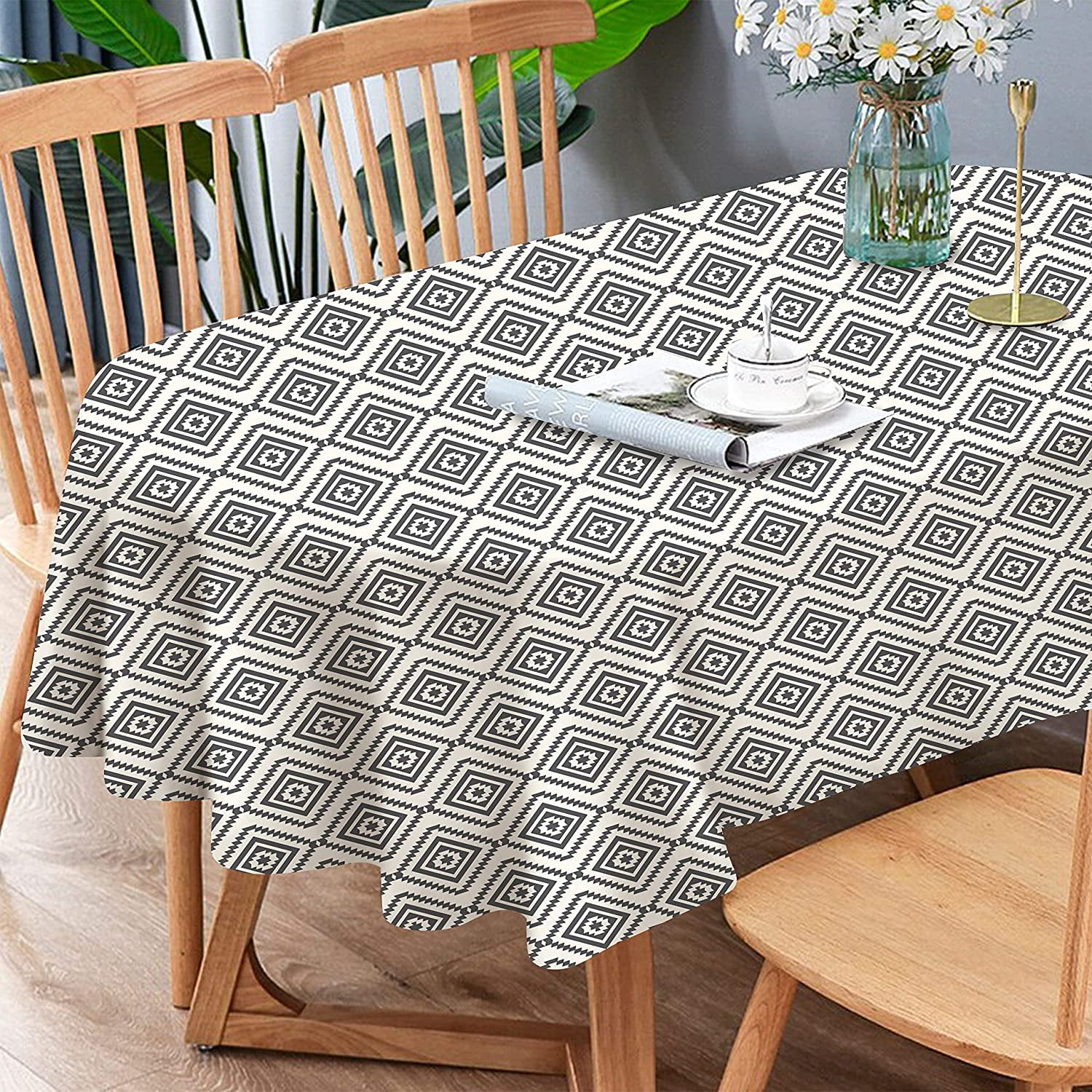 Oval Tablecloth, Grey Modern Geometric Oval Table Cloth 54 x 72 inch
