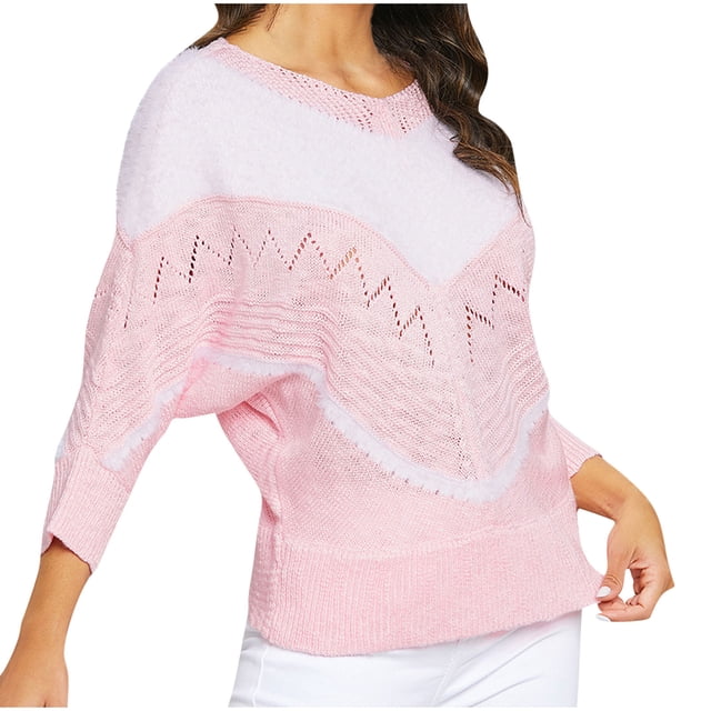 Chandail à Col Rond pour Femmes, Chandail Ample à Rayures Ajourées, Manches Tricotées, Hauts à Col Rond en Tricot, Chandails en Molleton S-269 Rose-A S