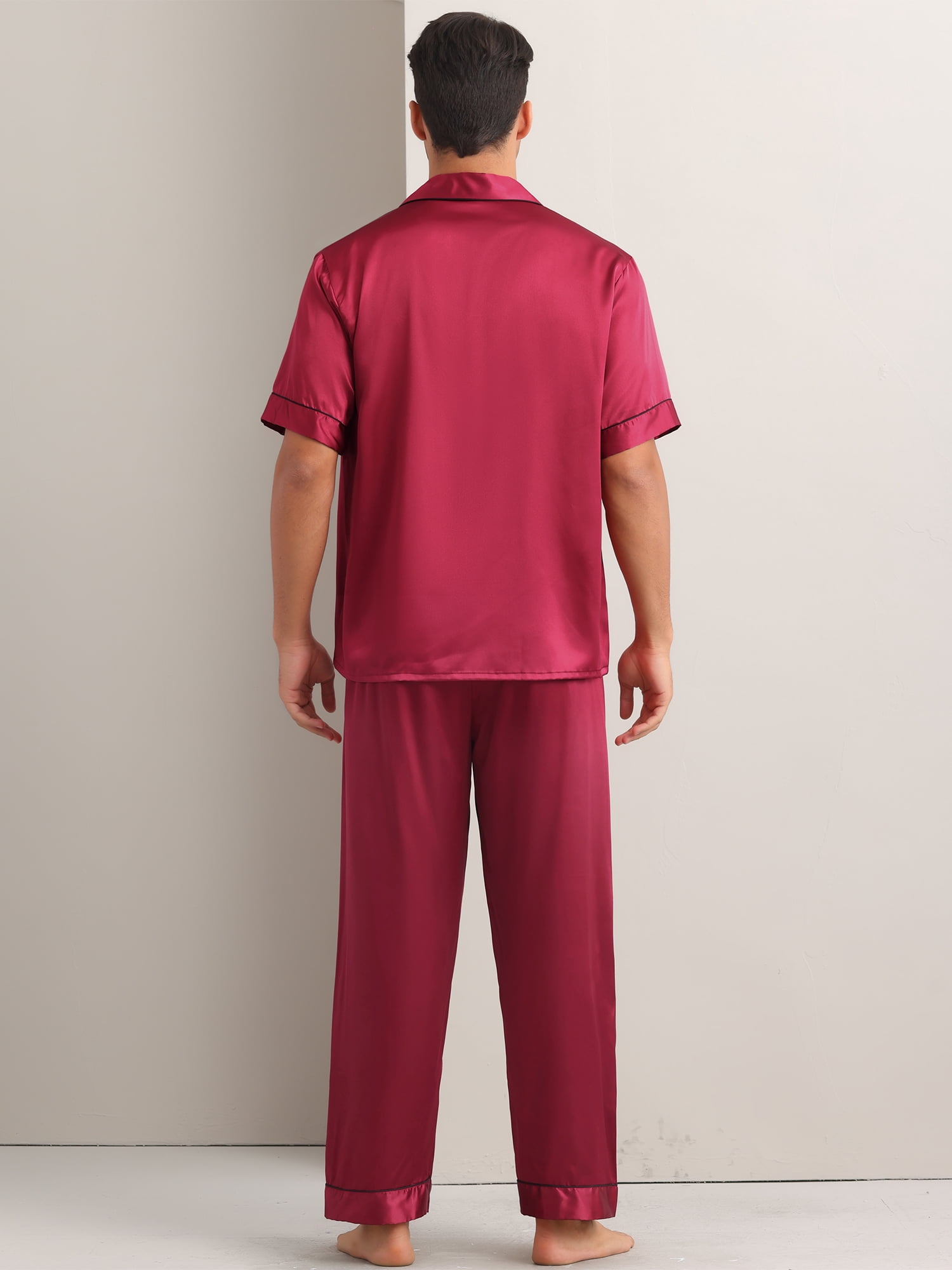 DARING DIVA Men's 2-Piece Pajama Set Button Down Short Sleeve Shirt Pants M Burgundy