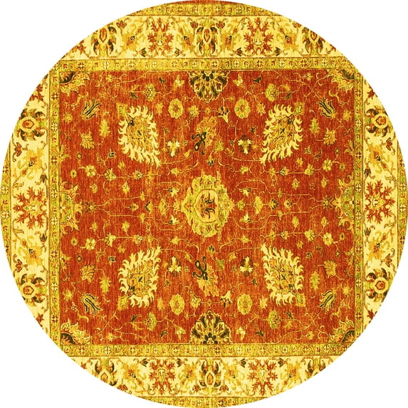 Ahgly Company Machine Washable Indoor Round Oriental Yellow Traditional Area Rugs, 7' Round