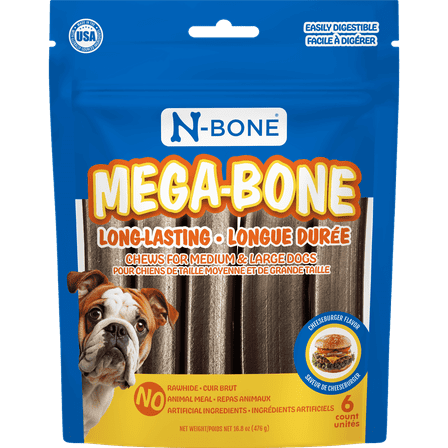 N-Bone Mega-Bone Long Lasting Chew, Cheeseburger Flavor, 6 count, 16.8 oz, for Medium and Large Dogs, Made in USA
