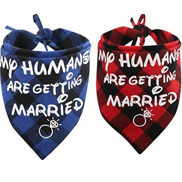KZHAREEN 2 Pack My Humans are Getting Married Dog Bandana Printing Plaid Wedding Reversible Triangle Bibs Scarf Accessories for Dogs Cats
