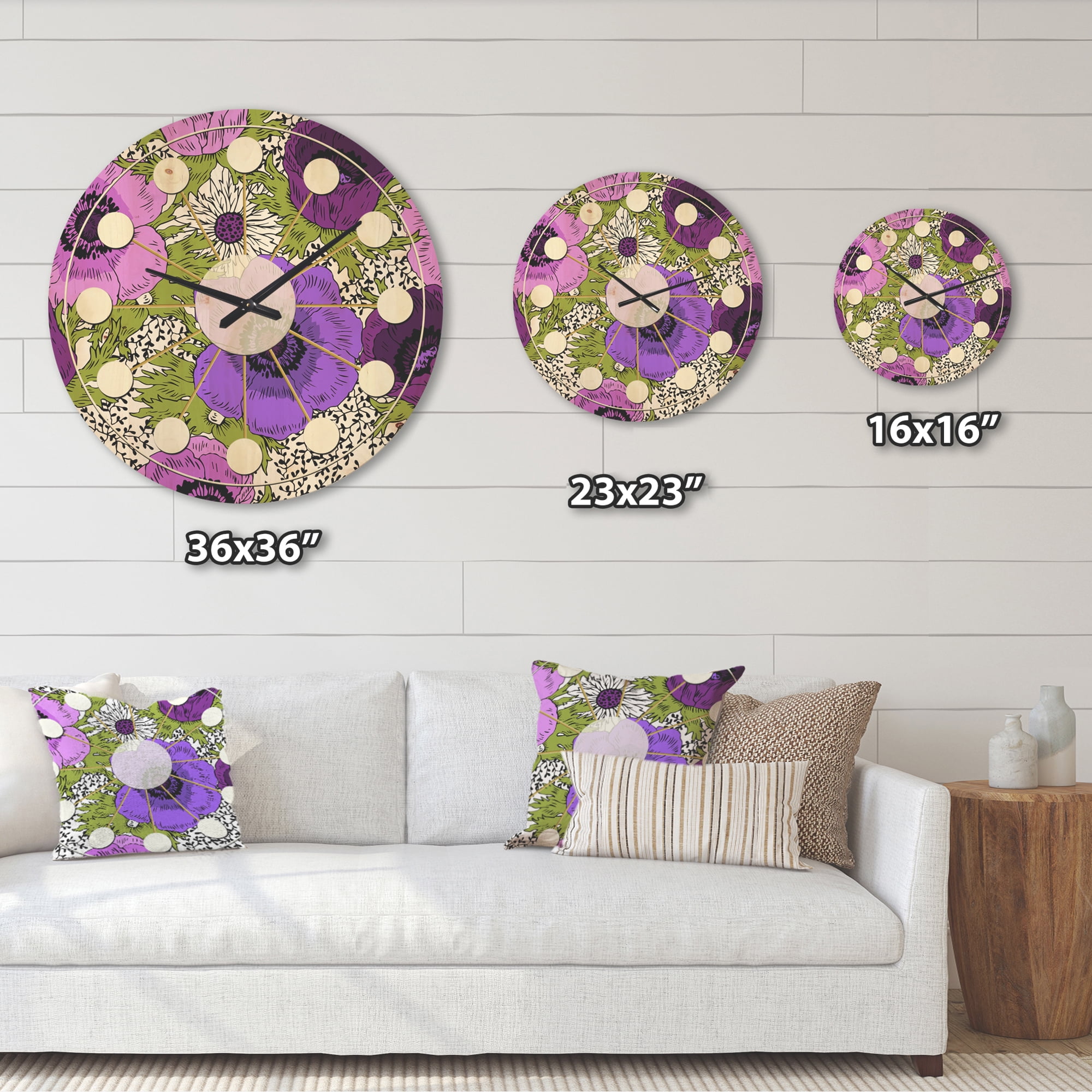 Designart 'Purple Fantasy Flowers Retro Pattern' Mid-Century Modern Wood Wall Clock