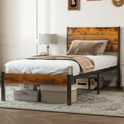 EDX Twin Size Metal Bed Frame with Industrial Wooden Headboard, Ample Storage, Noise-Free Design, Sturdy Steel Slat Support, Rustic Brown
