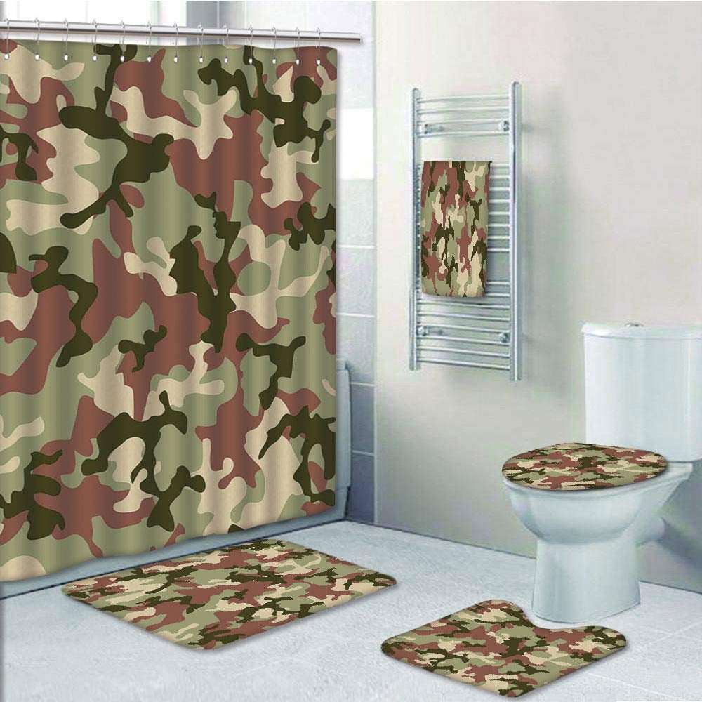 Military Camouflage Stars Shower Curtain Toilet Cover Rug Bath Mat Contour Rug 