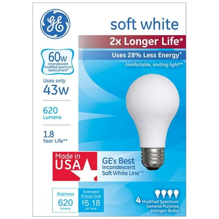 GE Halogen 43W General Purpose 2x Life Soft White (Best White Halogen Bulb)