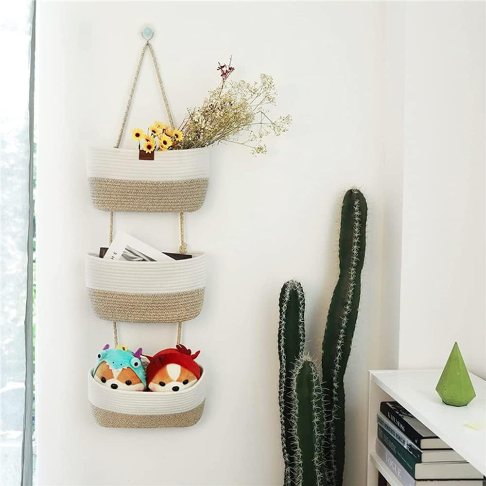 Over the Door Hanging Basket, 3-Tier Woven Cotton Wall-Mounted Storage Organizer Bag Decorative Hanging Nursery Baskets - Jute