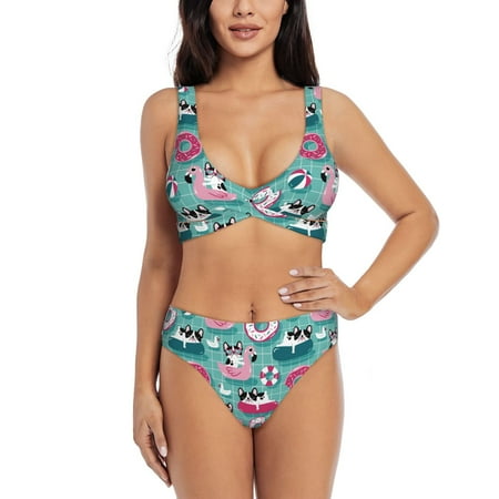 Zeuib Swimming Bulldog High Waisted Tummy Control Bikini Set - Knot Front Push Up Top & Cheeky Thong Bottom  Two-Piece Swimsuit for Women-Medium