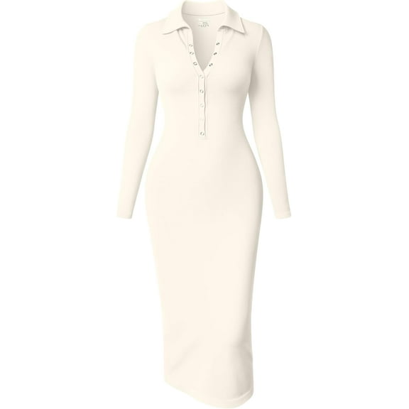 Women's Long Sleeve Maxi Dress Ribbed Back Slit Button Down Bodycon Soft Going Out Elegant Party Dresses