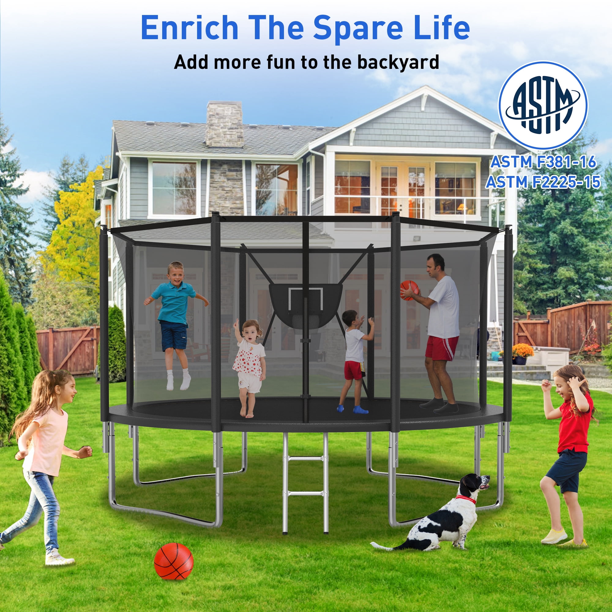 Kacho Trampoline with Enclosure Net and Basketball Hoop, Black, 1.00 x 60.00" x 60.00"