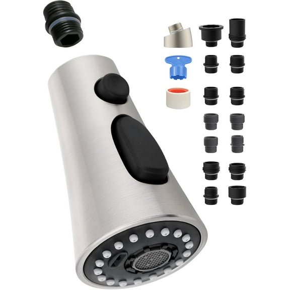 Universal Kitchen Faucet Head Replacement with 15 Adapter Kit Compatible with American Standard/Kohler/Moen/Delta Faucets, 3 Function Pull Down Sink Faucet Spray Head, Brushed Nickel