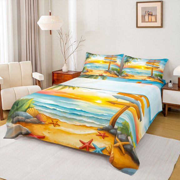 jejeloiu Watercolor Beach Signpost Bed Sheets,Starfish Seashell Full Size Sheets For Boys,Yellow Blue,4 Pieces,1 Flat Sheet, 1 Fitted Sheet and 2 Pillowcases