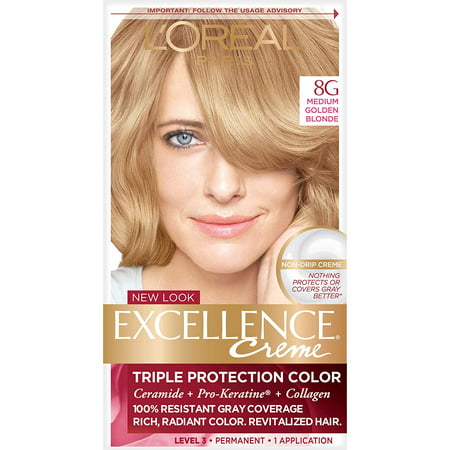 L'Oréal Paris Excellence Créme Permanent Hair Color, 8G Medium Golden Blonde (1 Kit) 100% Gray Coverage Hair Dye, GRAY COVERAGE HAIR COLOR WITH.., By LOreal
