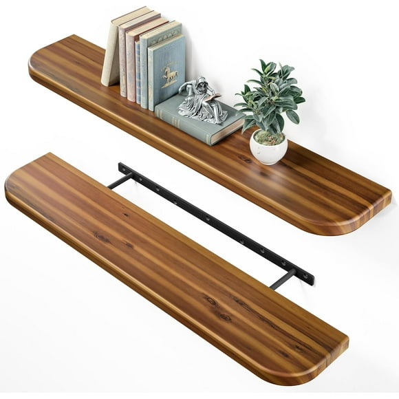 Set of 2 91cm Acacia Floating Shelves for Wall (Round Edge) - Floating Bookshelf Wall - Storage Wood Shelves for House Decor, Kitchen, Bathroom - Brackets and Hardware Included (Walnut Color)