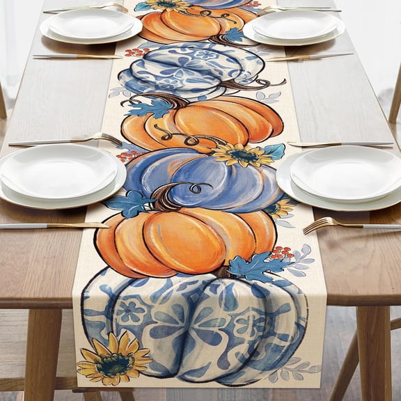 Fall Chinoiserie Pumpkin Dining Table Runner, Autumn Thanksgiving Blue and White Porcelain Burlap Kitchen Decoration, Sunflower Seasonal Indoor Outdoor Home Decor Party Supply 13 x 72 Inches