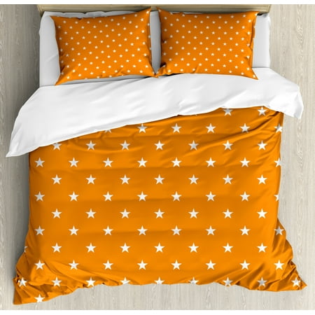 Bright Colored Bedding Sets Stars Queen Size Duvet Cover Set, Abstract Warm Colored Background with Star Pattern Festive Celebration Pattern, Decorative 3 Piece Bedding Set with 2 Pillow Shams, Orange White, by Ambesonne ()