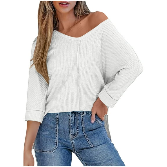 Summer Fashion 3/4 Sleeve T Shirts for Women Plus Size Casual Solid Color Back With Patch V Neck Pullover