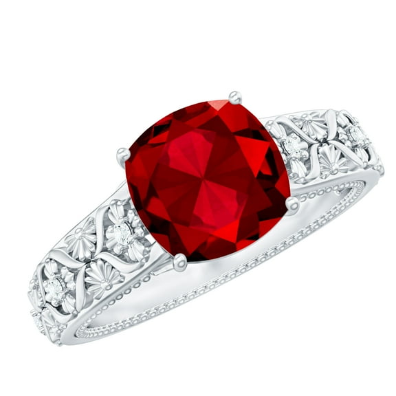 Rosec Jewels Created Ruby Solitaire Engagement Vintage Ring with Diamond (8 mm Cushion Cut Ruby), 925 Sterling Silver, US 4.00