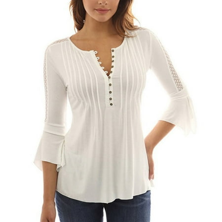 - Trumpet Sleeve Women 3/4 Length Sleeve Button Blouse